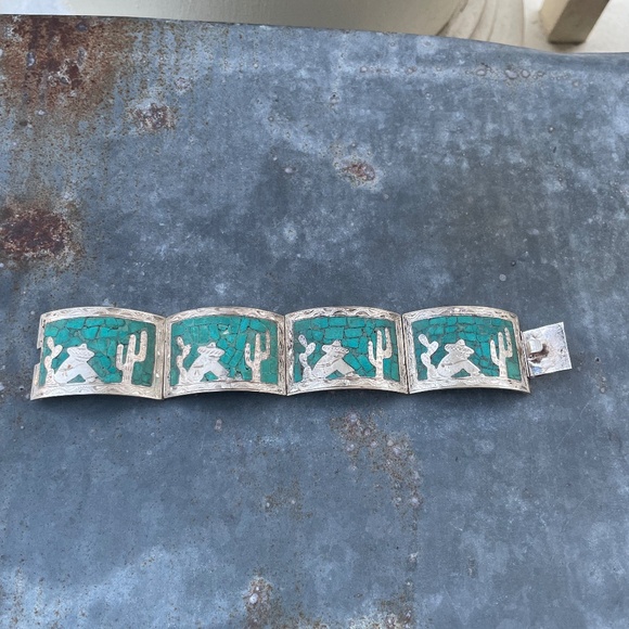Jewelry - Vintage Mexico Sterling Turquoise Inlay Link Bracelet 6.5"